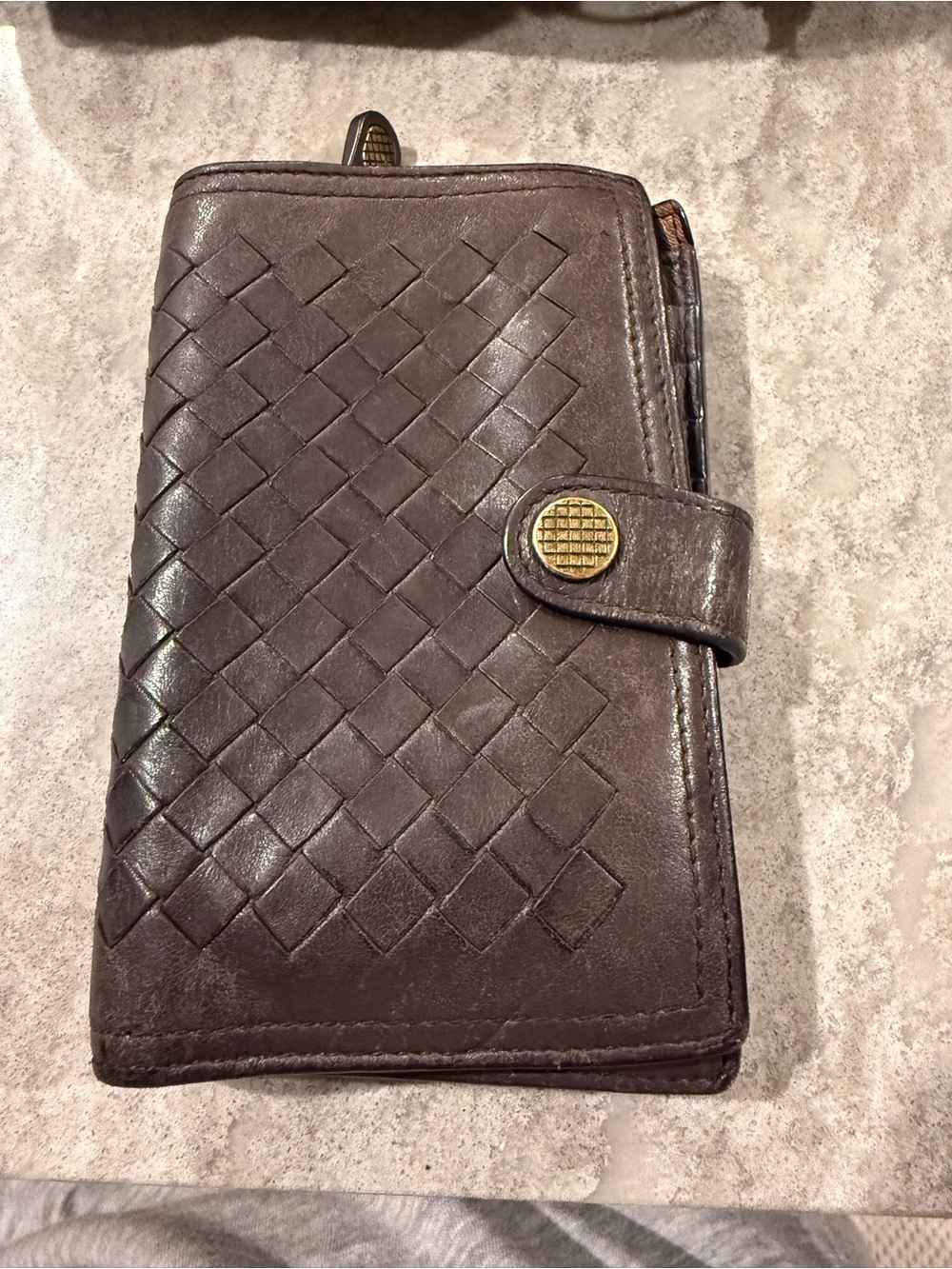 Bottega Veneta Woven Leather Bifold Wallet - plum color, light pink inside